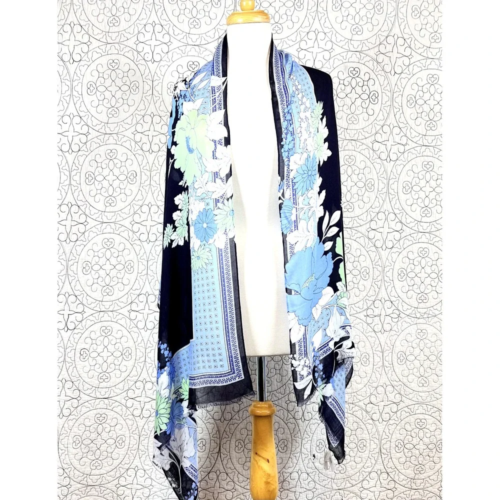 Talbots Womens Black Floral Wrap Scarf Shawl Blue Green Asian Botanical‎ 72x27
